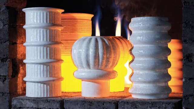 Gasfired kiln with glowing porcelain electrical components inside emphasizing precise flame control and energyefficient firing techniques for highquality insulation parts.