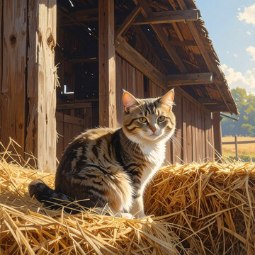 Cat sitting on hay bale outdoors