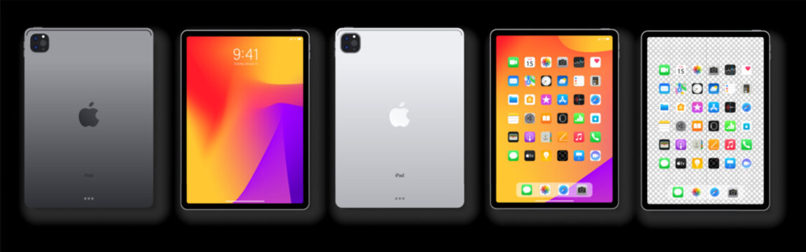 Apple iPad Pro tablet front and back view with home screen apps and isolated app icons set. Editorial vector illustration