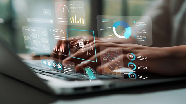 Modern Technology Concept with Hands on Laptop Displaying Digital Data and Graphs Analyzing AI and Machine Learning Innovations for Business Solutions Gluon.