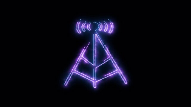 Glowing neon signal tower icon animation with black background. HD animated outline communication tower symbol video loop