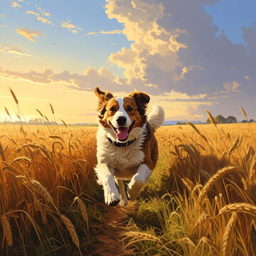 Dog running in wheat field