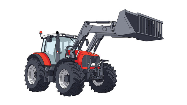 Modern red farm tractor equipped with a large front loader bucket used for heavy agricultural work on a clean white background for design.