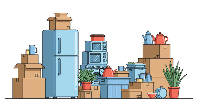 Cluttered pile of cardboard moving boxes, a refrigerator, microwave, washing machine, and plants ready for house relocation.