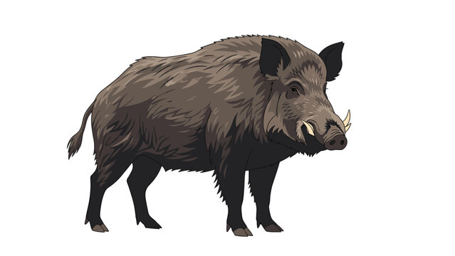 Detailed illustration of a large brown wild boar with tusks and thick fur standing isolated on a minimalist white background.