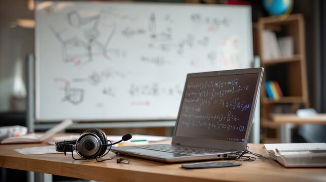 Medium shot of an online tutoring station with a laptop and headset the blurred whiteboard behind illustrating geometry shapes for math lessons