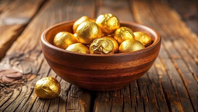 Round chocolate candies wrapped in shiny gold foil in a wooden bowl. Rustic weathered wood table background. Premium sweet treats and festive holiday gift concept