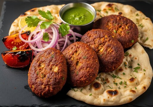 Delicious shami kebab served with naan bread, green chutney, grilled tomatoes, and fresh onion rings