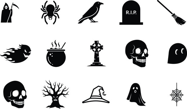 Black silhouettes of Halloween themed icons on white background