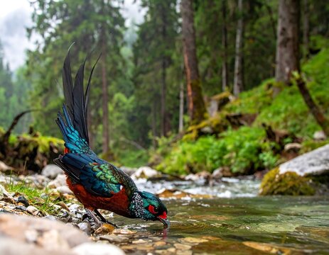 Colorful Himalayan Monal Pheasant Drinking Water in a Forest Stream.