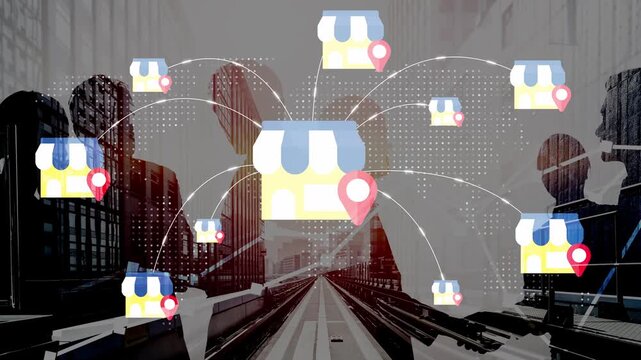Digital Network of Retail Stores with Location Pins Overlaid on Urban Background Featuring Business Professionals and Modern Architecture Gluon.