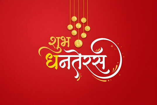 Dhanteras festival greeting with golden coins and shubh dhanteras text