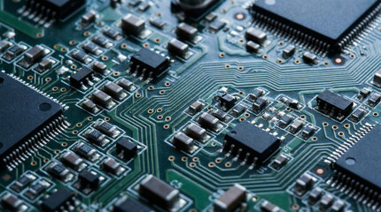Fototapeta premium Industrial Circuit Board Component Array on Dark PCB in Clean Studio Electronic Light Close-Up Detail Industrial Stock Photo No People No Brands No Text