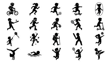 Fototapeta premium Kids Sports and Activities Silhouettes Icons Set - Children Playing Exercising Glyphs