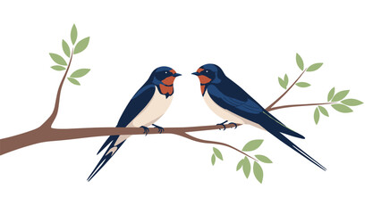 Fototapeta premium Pair of graceful swallow birds perched together on a slender tree branch with delicate green leaves against a clean white minimalist background.