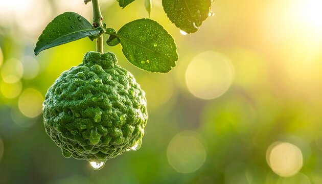 Close-up of a vibrant green kaffir lime fruit on a tree branch.
