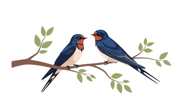 Two beautiful blue and white swallow birds perched on a brown tree branch with green leaves looking at each other.
