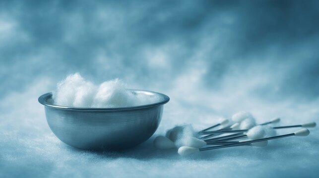 Sterile saline solution in a metal bowl with cotton swabs for medical cleaning and wound care
