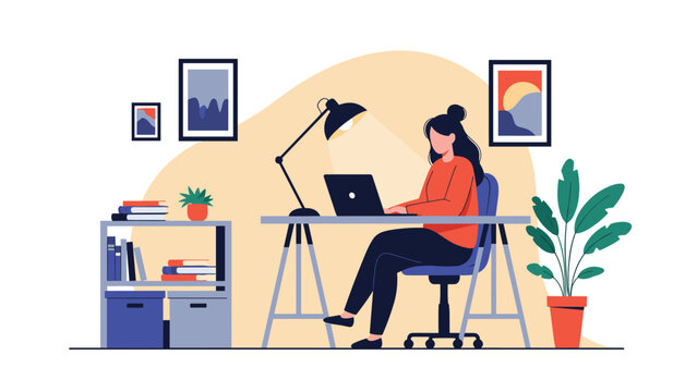 Young woman sitting at her desk and working on a laptop in a cozy home office interior with a plant and bookshelf.