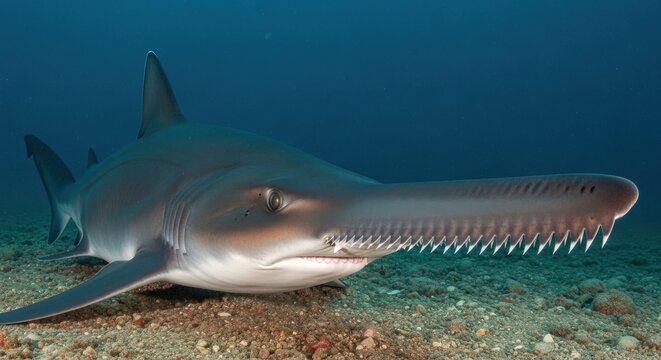 Close-up underwater portrait of a sawshark showcasing its unique serrated snout and keen eye in its sandy ocean habitat