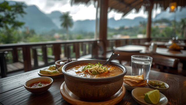 Delicious Khao Soi Soup with Scenic Mountain View at Outdoor Restaurant