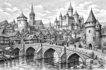 Fototapeta premium Highly detailed black and white line art illustration of a medieval European city with castle, bridge and traditional houses, inspired by historical architecture.
