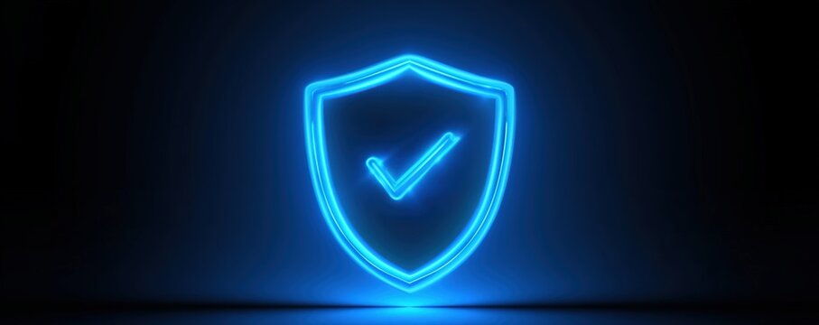 A glowing blue neon shield with a checkmark symbolizes security, protection, and trust in a digital context against a dark background.