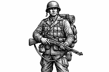 Fototapeta premium Detailed black and white line art illustration of a soldier with gear and rifle, inspired by historical military themes and vintage engraving style.