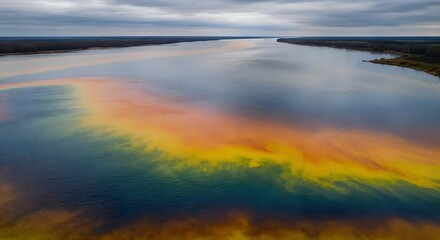 Fototapeta premium Colorful oil pollution on water surface forming rainbow sheen effect. 