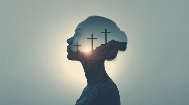 Silhouette Girl Praying with Triple Cross Double Exposure Easter Concept