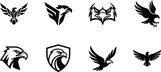 Naklejka premium Eagle logo collection, 8 black bird of prey vector icons, majestic hawk and falcon silhouettes, predatory eagle head mascots for sports branding