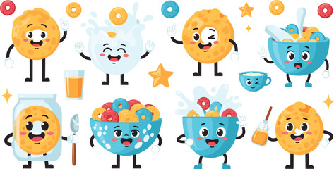 Obraz premium Cute Breakfast Characters Collection Featuring Cereal Bowls, Donuts, Milk and Honey with Funny Cartoon Faces for Kids Food Illustration Design
