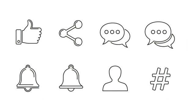 Monoline social media icons vector set with like share comment and communication symbols