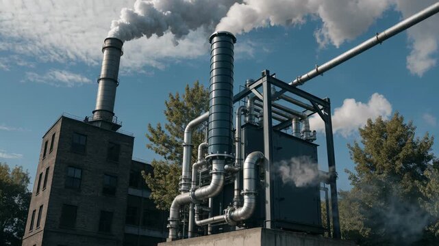 Medium shot of a compact carbon capture module with absorber tower and piping actively filtering CO2 emissions from a lime kiln near the stack area.