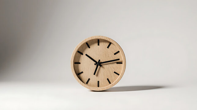 A round wooden alarm clock sits on a white surface with its hands pointing to just after ten o'clock isolated on white background

