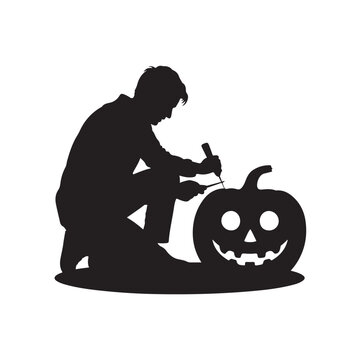 Silhouette of a person kneeling and carving a smiling jack-o-lantern pumpkin with a tool on a white background