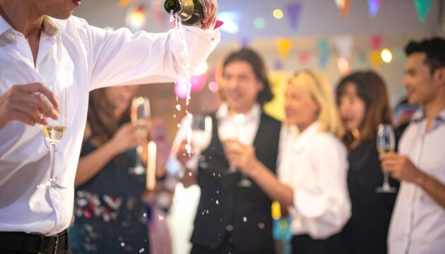 Bartender in white shirt and dark vest pouring champagne into glass, lively bar scene with people socializing, warm lighting, festive celebratory atmosphere.