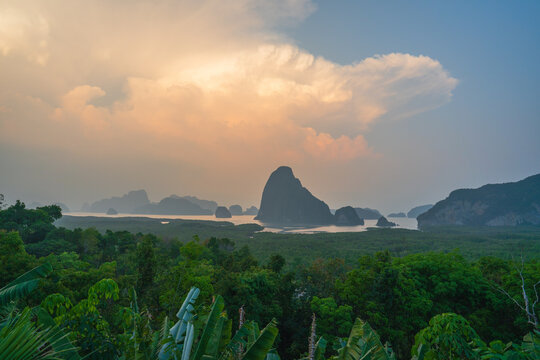 tropical islands in the phang nga bay from samet nangshe viewpoint at sunset in krabi in thailand