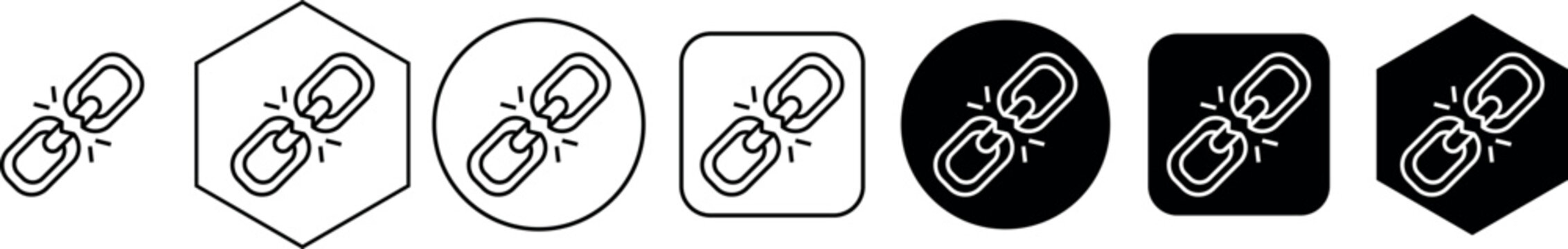A collection of seven varied icons depicting a broken chain link symbol on white backgrounds