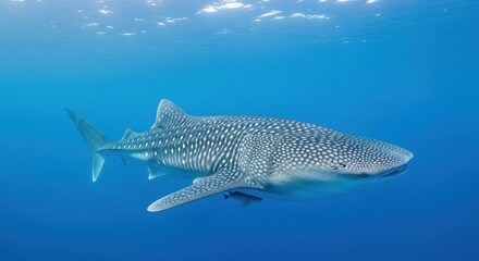 Naklejka premium Immense Whale Shark Gliding Through Deep Blue Ocean Waters