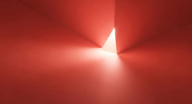 Glowing triangular opening in minimalist red abstract wall, dramatic light