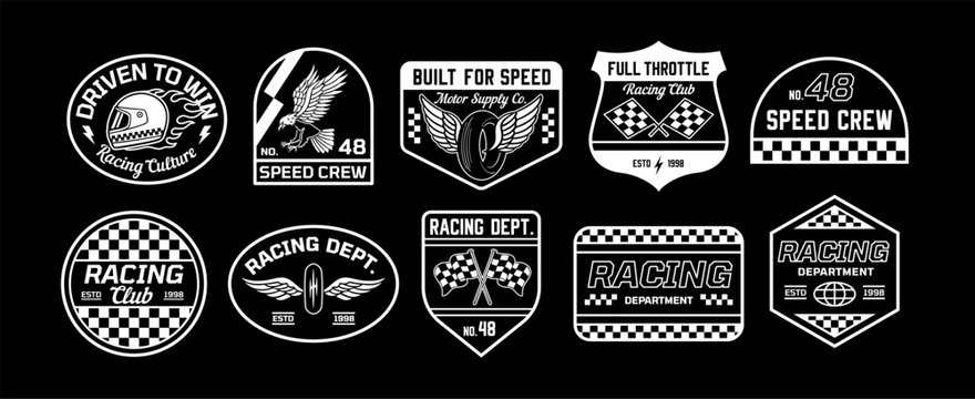 Racing badges vector set with motorsport logos, speed crew emblems, checkered flags, helmets, wings, and retro typography. Perfect for apparel, stickers, branding, and prints.
