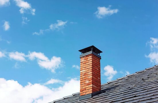 A brick chimney stands on a sloped slate roof under a bright blue sky with scattered white clouds.