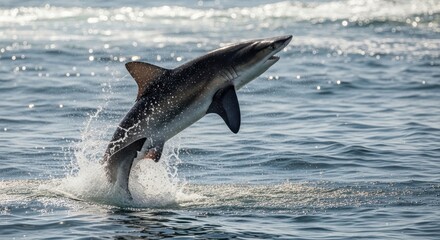 Fototapeta premium Powerful shark breaching the ocean surface in a dramatic leap amidst splashing water