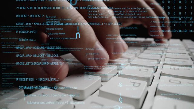 A detailed view of hands actively typing on a white computer keyboard, overlaid with flowing lines of digital code, symbolizing technology and data processing. Xenic