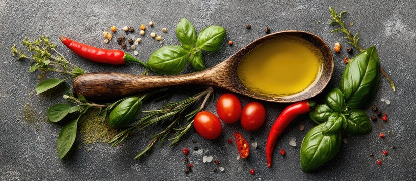 Assortment of fresh herbs, tomatoes, chili peppers, and oil-filled spoon on a textured dark background