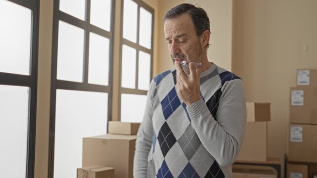 Man holding smartphone to mouth records voice note in building parcel office with stacked cardboard boxes and labels; small business concern.