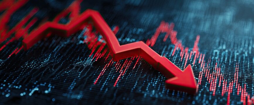 A red arrow plunges downward over a textured blue background, representing financial decline