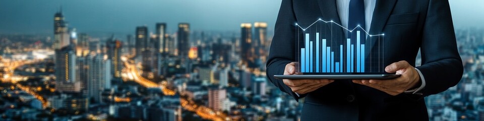 Financial Success Displayed Digitally With Graphs. Man Showing Stock Trends in Transparent Overlay.