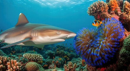Fototapeta premium A curious reef shark inspects a vibrant coral reef with colorful anemones and fish swimming nearby